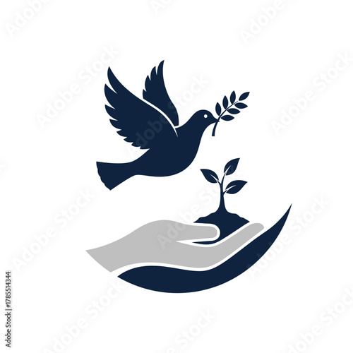 A dove of peace with an olive branch flies over a hand nurturing a new plant.