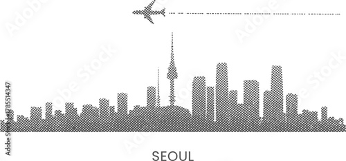 Seoul Skyline Silhouette with Airplane and Dot Pattern