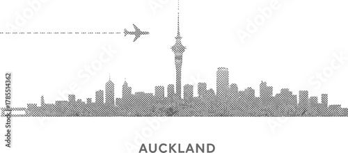 Auckland Skyline with Airplane Silhouette Halftone Effect