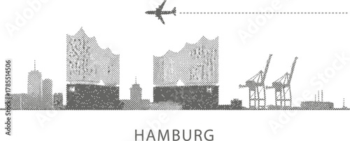Hamburg Skyline with Airplane and Cargo Cranes Halftone Graphic
