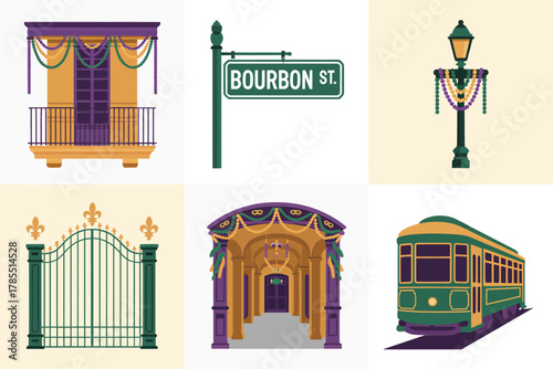 Flat illustration set for New Orleans street architecture, featuring street sign, lamp post, gate, and trolley.