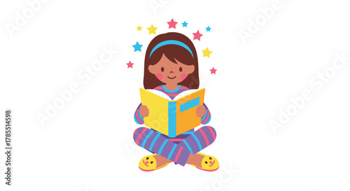 Delightful scene of a child captivated by a book, sitting amidst colorful stars, perfect for educational materials and storybook illustrations