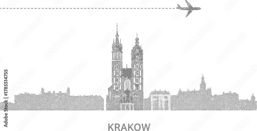 Fototapeta premium Krakow Skyline Silhouette with Airplane Travel Icon