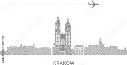 Krakow Skyline Silhouette with Airplane Travel Icon