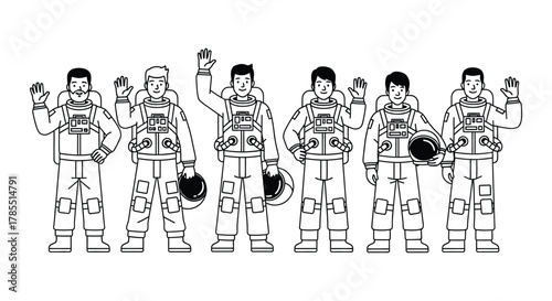 Diverse astronauts team waving hello ready for space mission adventure