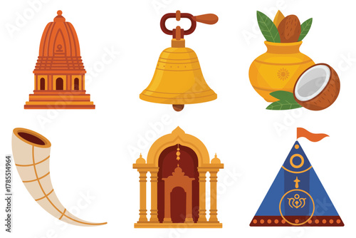 Stylized flat illustration set for Hindu architecture, featuring bell, pot, temple, and ritual horn.