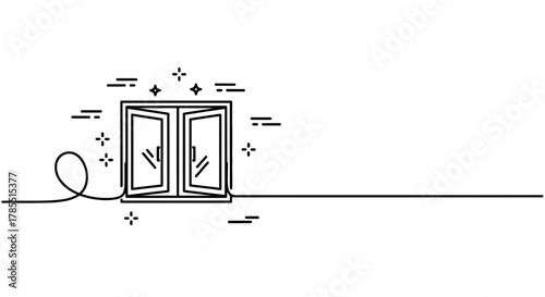 Open window line drawing with shining stars and fresh air breeze inside