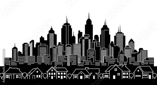 Modern city skyline with suburban homes offering urban lifestyle appeal
