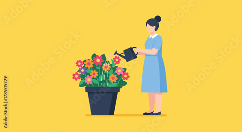 Cheerful woman waters vibrant flowers in pot against yellow backdrop, perfect for spring gardening ads or home decor concepts in lifestyle blogs