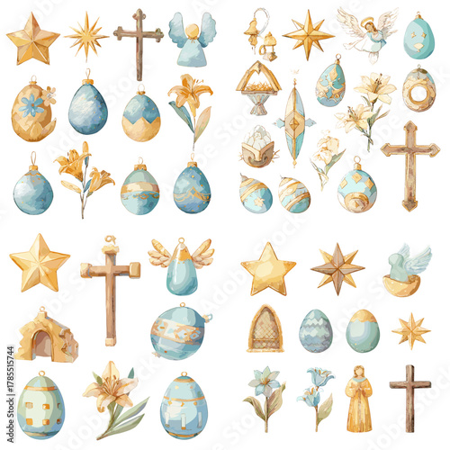 Watercolor Easter illustration set with crosses, angels, floral elements, decorated eggs, stars, and golden religious symbols in soft blue and gold tones.