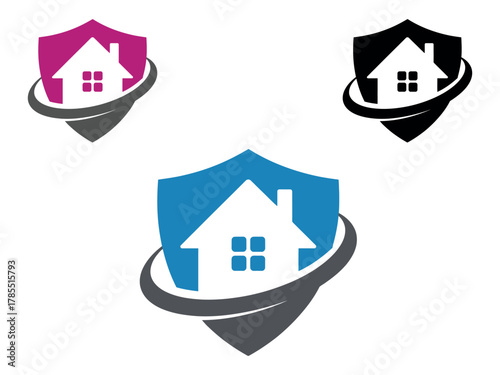 A set of shield icons featuring a house symbol within a swoosh, representing security and home protection.