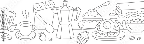 Breakfast treats line art illustration featuring coffee, pastries, and sandwiches for a delightful morning vibe, perfect for food blogs and menus