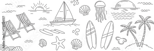 Dreamy tropical beach escape with sailboat, palm trees, surfboards, and seashells, perfect for summer vacation vibes and coastal living designs