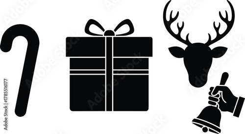 Christmas silhouette icons, holiday clipart, candy cane vector, gift box illustration, reindeer head graphic, bell ringing hand, festive symbols