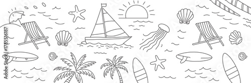 Dreamy beach escape vector illustration featuring sailboats, palm trees, surfboards, and inviting lounge chairs for a tropical vacation vibe