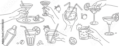 Trendy cocktail line art collection for stylish summer parties, perfect for bar menus, invitations, and social media, originally a scalable vector graphic