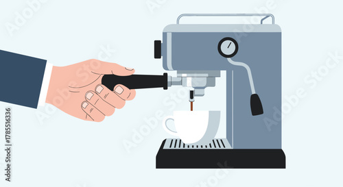 Professional hand pulls an espresso shot, brewing fresh coffee in modern machine for an energy boost, ready for a productive day at work