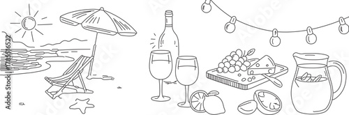 Coastal relaxation scene with wine, cheese, and lemonade under twinkling lights, a beach picnic evoking summer vibes and tranquil escapes in a hand drawn style