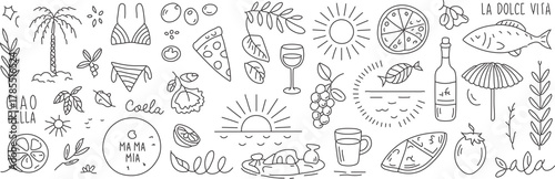 Italian Summer Lifestyle Doodles: A charming collection of hand-drawn icons evoking the essence of vacation, travel, and the sweet life, perfect for designs