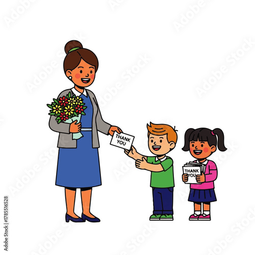 Cartoon illustration of a teacher receiving thank you cards and flowers from two young students.