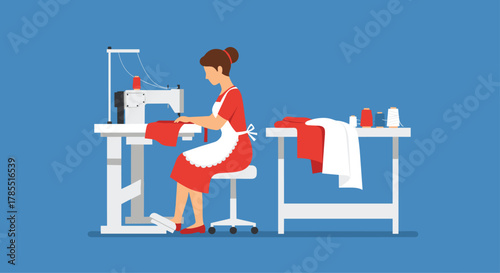 Talented seamstress at her sewing machine crafting elegant dresses, focused on precise work in her charming studio with bright fabrics