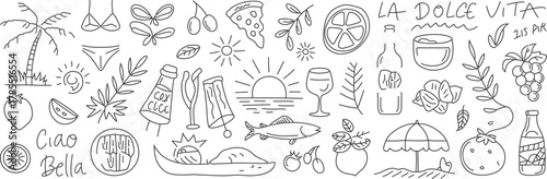 Dreamy Italian summer doodle art evoking la dolce vita with beach vibes, delicious food, and carefree spirit, perfect for travel designs and summer promotions
