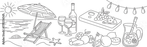 Relaxing beach picnic with wine, cheese, and citrus, a perfect summer day with sun and fun, originally a scalable vector graphic, now ready for your project