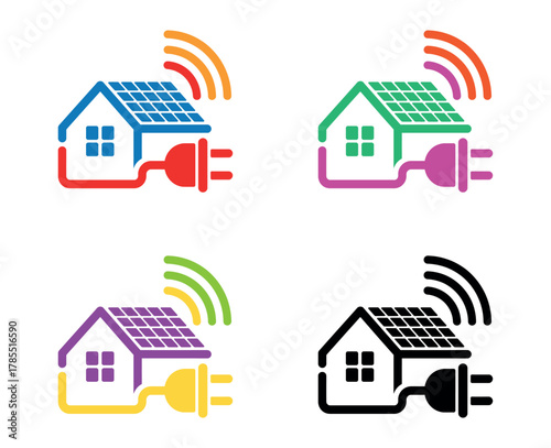 Four vibrant icons depict a connected smart home powered by solar energy, illustrating renewable energy integration and home automation systems.
