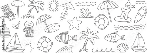 Summer vacation icons create a playful seaside scene with palm trees, sailboats, and beach umbrellas for a lighthearted, carefree holiday vibe