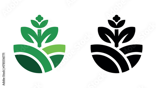 A stylized green plant growing on rolling hills, presented in both full color and silhouette.