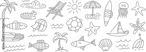 Summer vacation bliss in a simple, charming line art style, perfect for adding a touch of playful elegance to your designs and conveying a relaxing getaway vibe