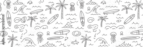 Fun summer vibes with surfboards, palm trees, jellyfish, and waves in a seamless pattern perfect for vacation themed designs and beachy backgrounds