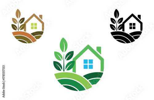 A stylized logo design features a house nestled within rolling hills and growing plants, representing nature and home.
