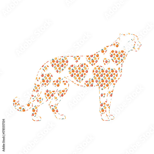 Dog silhouette with heart and orange fruit pattern on white bg