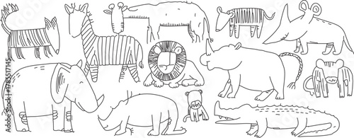 Cute African wildlife animal doodles perfect for kids projects, coloring books, or safari themed designs, great for education or children's books about animals