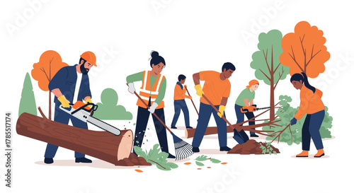 Dedicated volunteers cleaning up park after storm damage with teamwork, community spirit, and chainsaws for a revitalized natural space