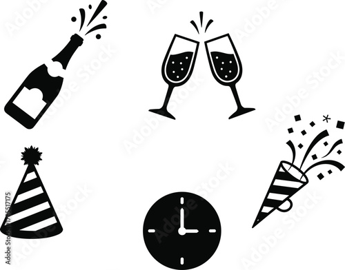 New Year icons, champagne bottle, clinking glasses, party hat, midnight clock, celebration popper, festive silhouette set, holiday vector clipart