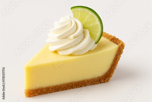Slice of Heaven: A tantalizing slice of key lime pie adorned with a swirl of whipped cream and a zesty lime garnish, offering a delectable taste of dessert pleasure.