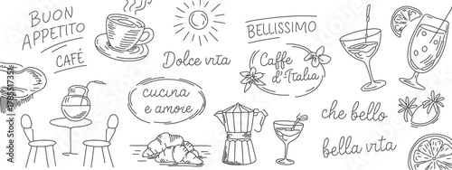 Italian cafe culture elements drawing featuring coffee, cocktails, and phrases like Buon Appetito for cafe branding and menu designs with rustic charm