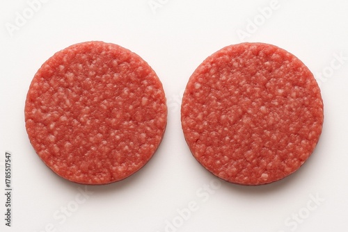 Raw Burger Patties: Two uncooked burger patties, a culinary canvas ready for the grill, showcasing the rich texture and vibrant color of fresh, high-quality meat.