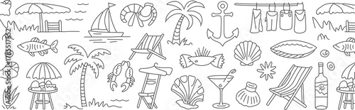 Dreamy beach vacation doodles showcasing relaxing scenes with palm trees, sailboats, cocktails and deck chairs evoking a tranquil summer holiday vibe
