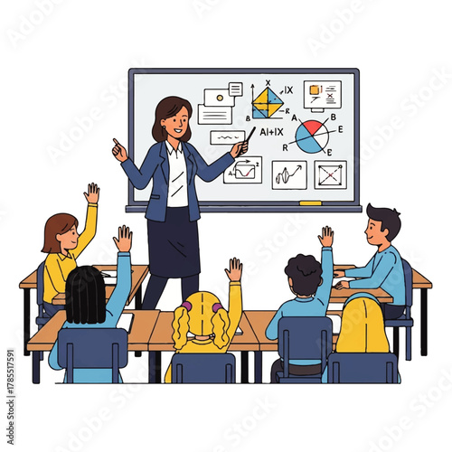 Teacher explaining math concepts on a whiteboard to students with raised hands in a classroom setting.