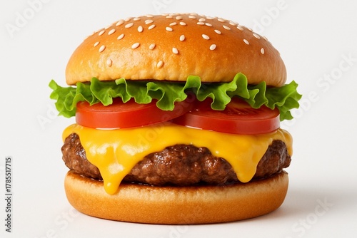 Appetizing Gourmet Burger: A close-up shot of a classic burger, the image showcases a succulent beef patty, melted cheese, fresh tomato slices, and crisp lettuce, nestled between sesame seed buns.