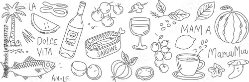 Discover the Essence of Italy in this Whimsical Doodle Collection: Palm Trees, Fish, Wine, Tomatoes, Lemons, and Sardines in a Black and White Sketch
