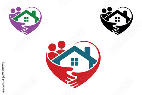 Three distinct logos depict a heart formed by hands embracing a house and a silhouette of people, representing community and home.