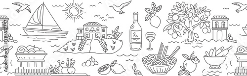 Hand-Drawn Mediterranean Coastline Scene with Sailboat, Wine, and Citrus Fruits for Travel Guides or Recipe Books, Evoking Seaside Charm and Culinary Delights