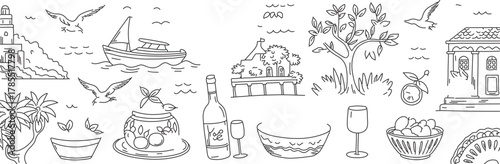 Charming vector illustration of Mediterranean lifestyle with coastal scenes, delicious food, and idyllic relaxation, perfect for travel and food blogs, and summer themes