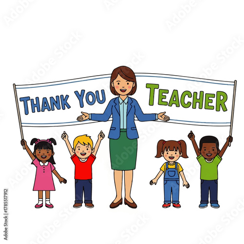 Cartoon drawing of a teacher with students holding a "Thank You Teacher" banner.