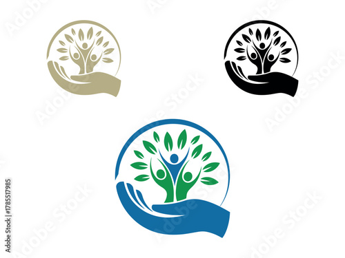 A hand cradles a circular emblem symbolizing growth, community, and care, with three stylized figures forming a tree.