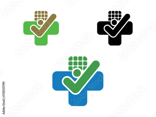 Three variations of a medical checkmark symbol, representing healthcare and wellness.